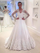 A-Linie/Princess-Linie V-Ausschnitt Sweep/Pinsel zug Lange Ärmel Satin Brautkleid