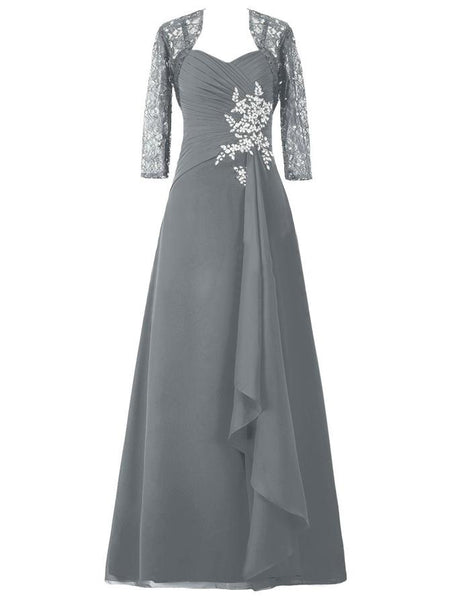 A-Linie/Princess-Linie Spaghettiträger Halbe Ärmel Chiffon Bodenlange Brautmutterkleid mit Perlen verziert Spitze