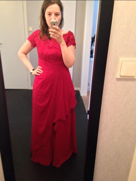 A-Linie/Princess-Linie U-Ausschnitt Kurze Ärmel Bodenlange Chiffon Brautmutterkleid mit Spitze