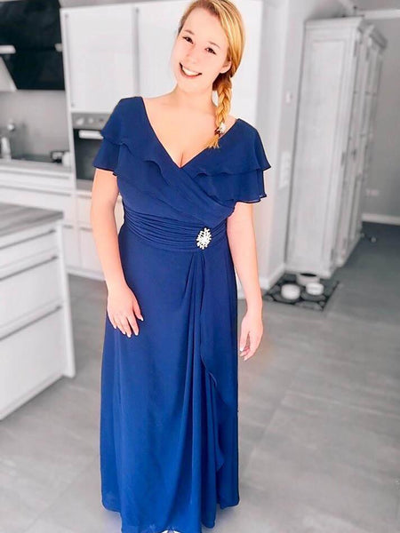 A-Linie/Princess-Linie V-Ausschnitt Kurze Ärmel Bodenlange Chiffon Brautmutterkleid mit Perlen verziert