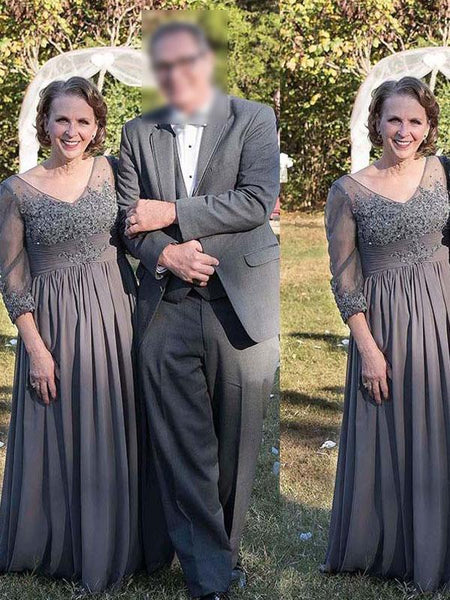 A-Linie/Princess-Linie V-Ausschnitt 3/4 Ärmel Bodenlange Chiffon Brautmutterkleider mit Applikationen
