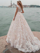 A-Linie/Princess-Linie U-Ausschnitt Hof-schleppe Angeschnittene Ärmel Tüll Brautkleid mit Spitze Applikationen