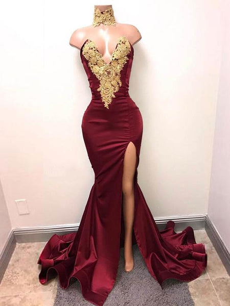 Trompete/Meerjungfrau-Linie V-Ausschnitt Ärmellos Sweep/Pinsel zug Satin Schlitz Kleid mit Applikationen Spitze