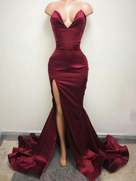 Trompete/Meerjungfrau-Linie V-Ausschnitt Ärmellos Sweep/Pinsel zug Satin Abiballkleid