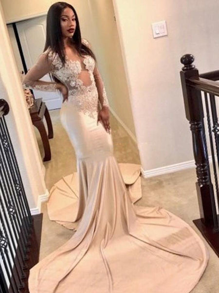 Trompete/Meerjungfrau-Linie U-Ausschnitt Lange Ärmel Hof-schleppe Satin Abiballkleid mit Applikationen Spitze