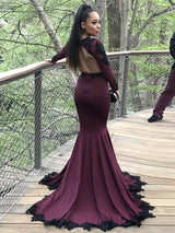 Trompete/Meerjungfrau-Linie Herzausschnitt Lange Ärmel Sweep/Pinsel zug Stretch-Satin Abendkleid mit Applikationen