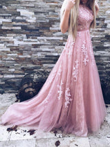 A-Linie/Princess-Linie U-Ausschnitt Tüll Ärmellos Sweep/Pinsel zug Abiballkleid mit Applikationen