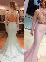 Trompete/Meerjungfrau-Linie Stehkragen Satin Sweep/Pinsel zug Lange Ärmel Zwei Stück Kleid mit Spitze