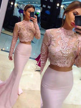 Trompete/Meerjungfrau-Linie Stehkragen Satin Sweep/Pinsel zug Lange Ärmel Zwei Stück Kleid mit Spitze