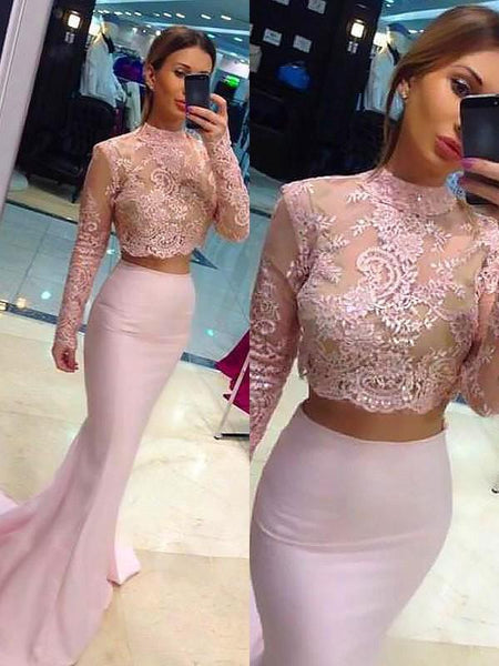Trompete/Meerjungfrau-Linie Stehkragen Satin Sweep/Pinsel zug Lange Ärmel Zwei Stück Kleid mit Spitze