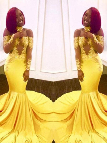 Trompete/Meerjungfrau-Linie Schulterfrei Sweep/Pinsel zug Satin Lange Ärmel Kleid mit Applikationen