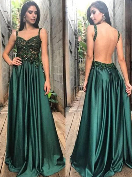 A-Linie/Princess-Linie Träger Bodenlange Satin Ärmellos Rückenfrei Abendkleid mit Applikationen