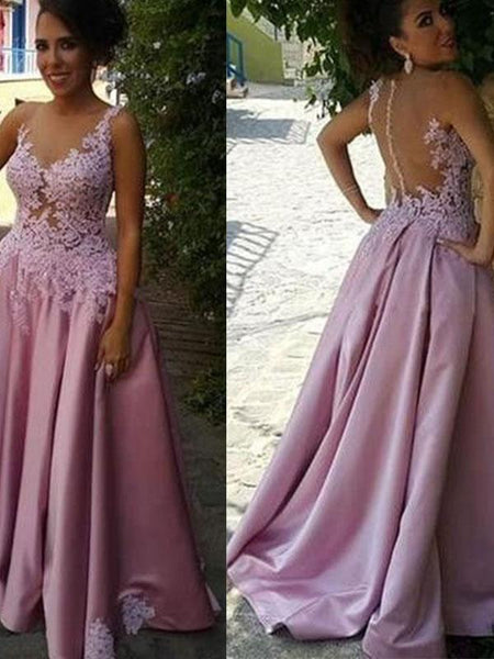A-Linie/Princess-Linie Schiere Hals Sweep/Pinsel zug Satin Ärmellos Abendkleider mit Applikationen