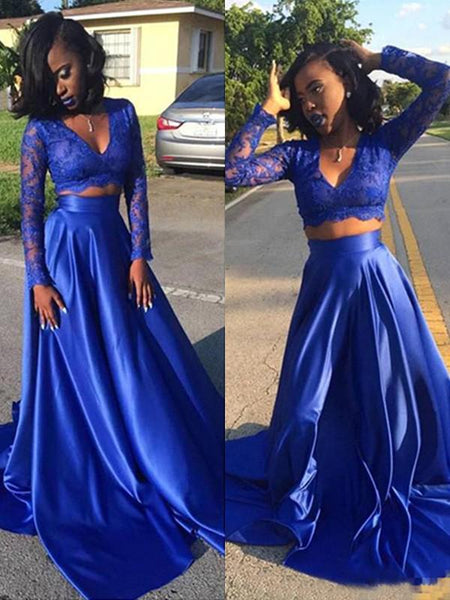 A-Linie/Princess-Linie V-Ausschnitt Sweep/Pinsel zug Satin Lange Ärmel Zwei Stück Kleid mit Spitze