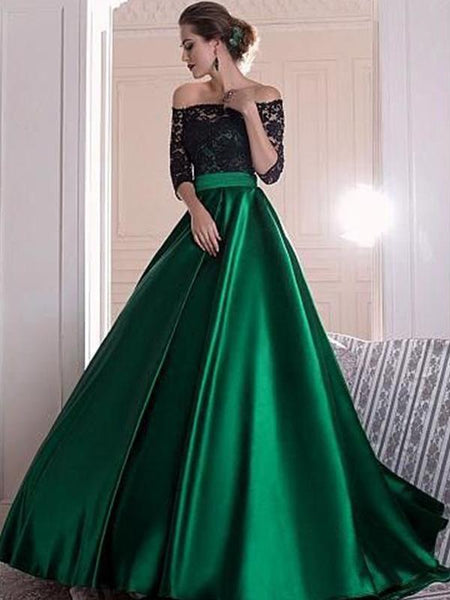 A-Linie/Princess-Linie Schulterfrei Sweep/Pinsel zug Satin 3/4 Ärmel Abendkleider mit Rüschen