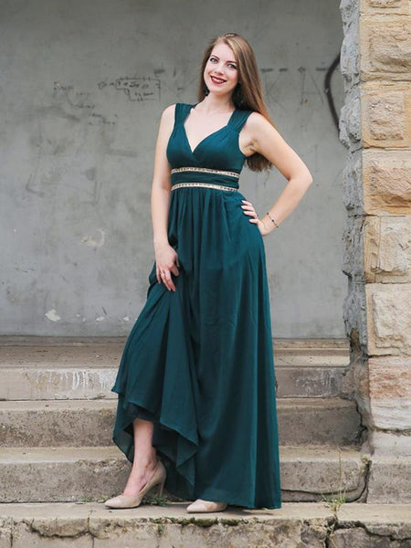 Empire-Stil V-Ausschnitt Bodenlange Chiffon Abendkleider Ballkleider mit Perlen verziert