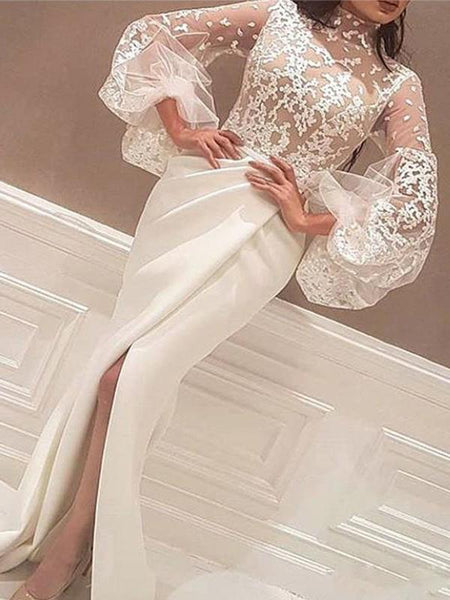 Trompete/Meerjungfrau-Linie Stehkragen Sweep/Pinsel zug Satin Spitze Long Sleevles Abendkleid mit Schlitz
