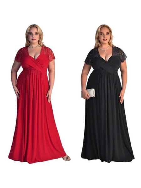 A-Linie/Princess-Linie V-Ausschnitt Bodenlange Chiffon Kurze Ärmel Übergröße Abendkleider mit Spitze