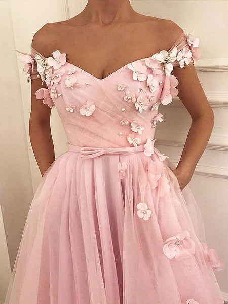 A-Linie/Princess-Linie Schulterfrei Bodenlange Tüll Abiballkleid mit Applikationen