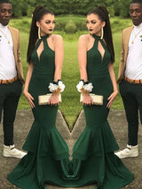 Trompete/Meerjungfrau-Linie Neckholder Bodenlange Stretch-Satin Abiballkleid mit Rüschen