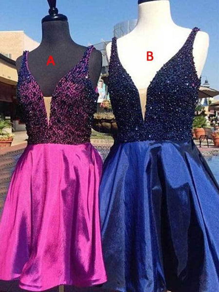A-Linie/Princess-Linie V-Ausschnitt Satin Ärmellos Kurze/Mini Cocktailkleid mit Perlen verziert