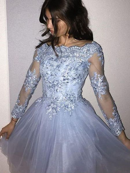A-Linie/Princess-Linie Schulterfrei Tüll Lange Ärmel Kurze/Mini Kleid mit Applikationen