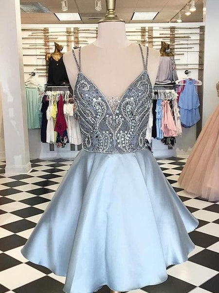 A-Linie/Princess-Linie Spaghettiträger Satin Ärmellos Kurze/Mini Cocktailkleid mit Perlen verziert