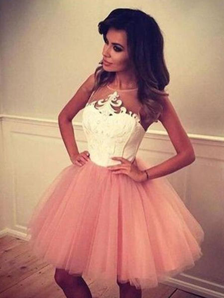 A-Linie/Princess-Linie Bateau-Ausschnitt Tüll Ärmellos Kurze/Mini Kleid mit Applikationen