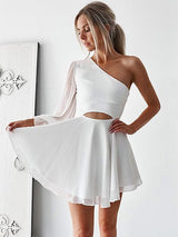 A-Linie/Princess-Linie One-Shoulder-Träger Chiffon Lange Ärmel Kurze/Mini Kleid mit Rüschen