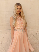 A-Linie/Princess-Linie Stehkragen Chiffon Ärmellos Knie-Länge Kleid mit Perlen verziert