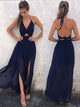 A-Linie/Princess-Linie V-Ausschnitt Chiffon Ärmellos Bodenlange Ballkleid mit Schlitz Rüschen