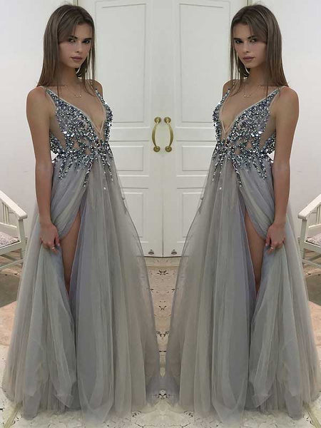 A-Linie/Princess-Linie V-Ausschnitt Bodenlange Tüll Perlen verziert Ärmellos Abendkleid mit Schlitz