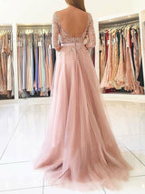 A-Linie/Princess-Linie Bateau-Ausschnitt Bodenlange Tüll Applikationen 3/4 Ärmel Abendkleid mit Schlitz