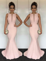 Trompete/Meerjungfrau-Linie Juwel-Ausschnitt Sweep/Pinsel zug Satin Ärmellos Abendkleid mit Rüschen