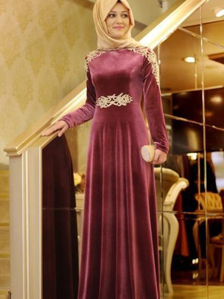 A-Linie/Princess-Linie U-Ausschnitt Samt Lange Ärmel Bodenlange Islamische Kleid mit Rüschen