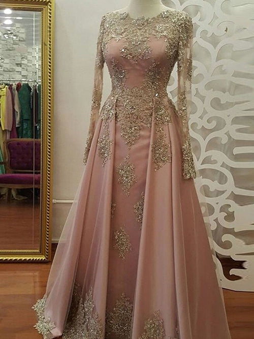 A-Linie/Princess-Linie U-Ausschnitt Tüll Lange Ärmel Bodenlange Islamische Kleid mit Applikationens