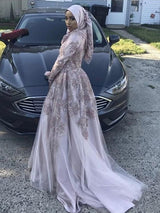 A-Linie/Princess-Linie U-Ausschnitt Tüll Lange Ärmel Sweep/Pinsel zug Islamische Kleid mit Applikationens