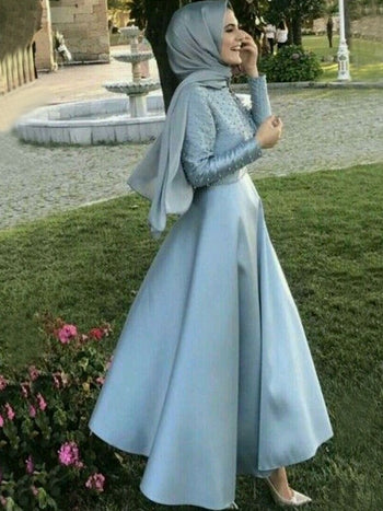 A-Linie/Princess-Linie U-Ausschnitt Satin Lange Ärmel Bodenlange Islamische Kleid mit Perlen verziert