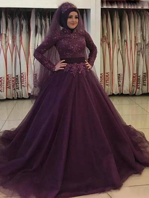 Duchesse-Linie Stehkragen Tüll Lange Ärmel Sweep/Pinsel zug Islamische Kleid mit Applikationens