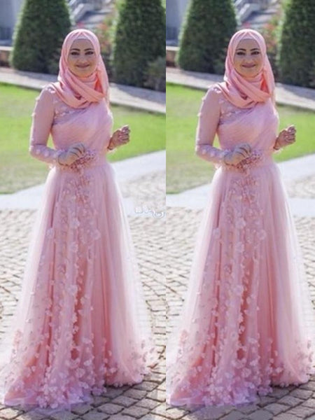 A-Linie/Princess-Linie U-Ausschnitt Tüll Lange Ärmel Sweep/Pinsel zug Islamische Kleid mit Applikationens