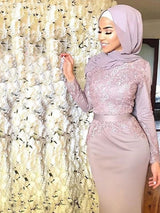 Trompete/Meerjungfrau-Linie U-Ausschnitt Satin Lange Ärmel Sweep/Pinsel zug Islamische Kleid mit Applikationens