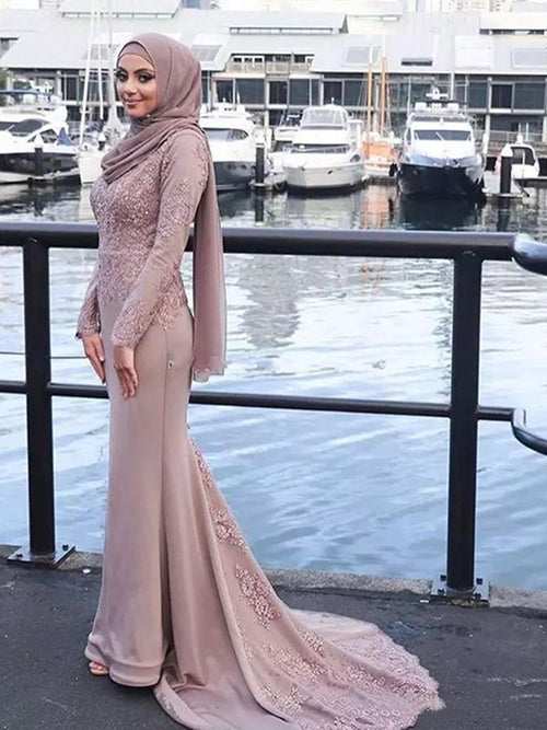 Trompete/Meerjungfrau-Linie U-Ausschnitt Satin Lange Ärmel Sweep/Pinsel zug Islamische Kleid mit Applikationens