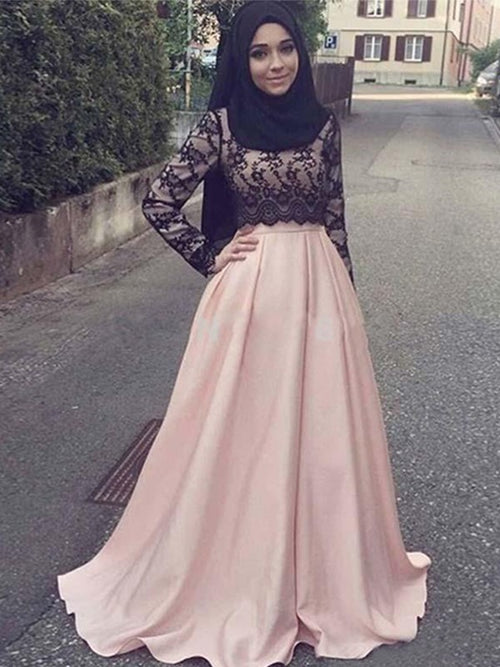 A-Linie/Princess-Linie U-Ausschnitt Satin Lange Ärmel Sweep/Pinsel zug Islamische Kleid mit Applikationens