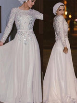 A-Linie/Princess-Linie U-Ausschnitt Chiffon Lange Ärmel Bodenlange Islamische Kleid mit Kristalle