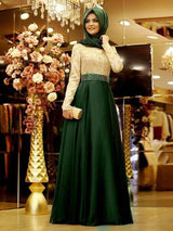 A-Linie/Princess-Linie U-Ausschnitt Satin Lange Ärmel Bodenlange Islamische Kleid mit Perlen verziert Applikationens