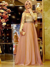 A-Linie/Princess-Linie U-Ausschnitt Satin Lange Ärmel Bodenlange Islamische Kleid mit Perlen verziert Applikationens