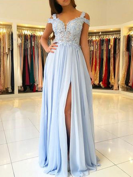 A-Linie/Princess-Linie V-Ausschnitt Bodenlange Chiffon Ärmellos Applikationens Abiballkleid mit Schlitz