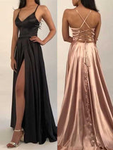 A-Linie/Princess-Linie V-Ausschnitt Bodenlange Satin Rüschen Ärmellos Abendkleid mit Schlitz